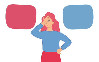 The woman thought. Can't choose from two options . Difficult question, the need to make a choice. Vector illustration.