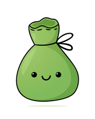 Celebrate St. Patrick's Day in kawaii style. Vector cute illustration. Adorable coin bag with gold. Design brings luck and happiness! Soft green colors. Perfect for any project.