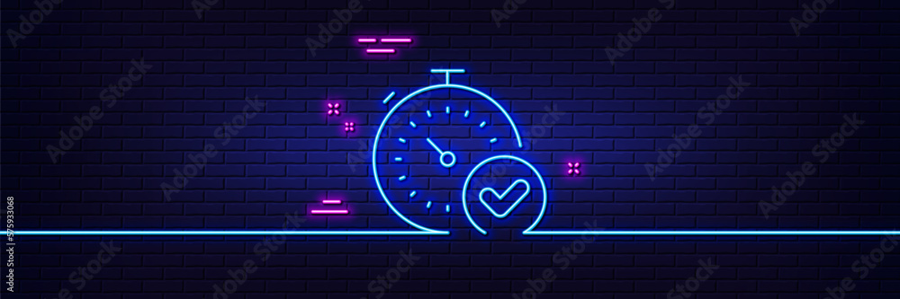 Poster neon light glow effect. fast verification line icon. approved timer sign. confirmed time symbol. 3d 