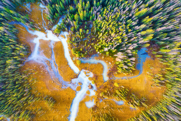 A drone view of the river in the woods. An aerial view of an autumn forest. Winding river among the...