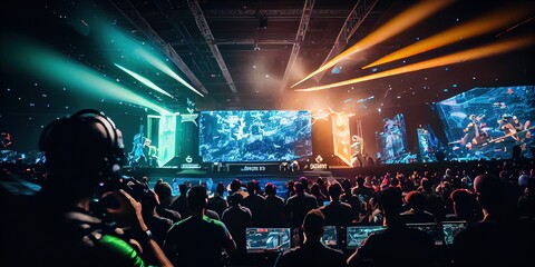 E-sports arena, filled with cheering fans and colorful LED lights. Players compete on a large stage in front of a massive screen. Big arena with many people, big stage, concert hall. Generative AI