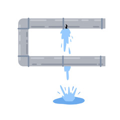 Obraz premium Leak in water pipe. Plumber service. Broken sewer and water supply. Splashes and puddle. Crack in tube. Flat cartoon