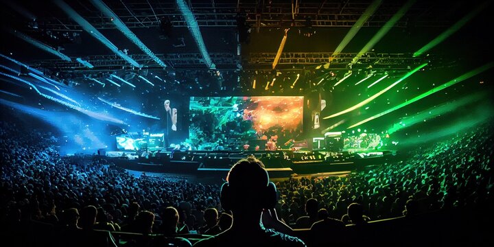 E-sports arena, filled with cheering fans and colorful LED lights. Players compete on a large stage in front of a massive screen. Big arena with many people, big stage, concert hall. Generative AI