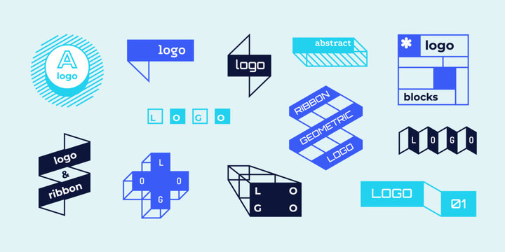 Abstract trends ribbon logo. Geometric hipster brutalist frames, basic primitive shapes banner labels design. Vector set