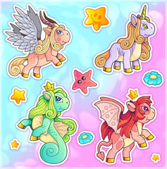 fairy tale cute cartoon ponies, funny stickers set - 575933813