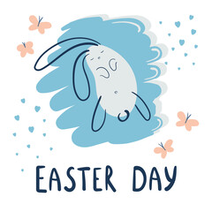 Easter bunny vector illustration with Easter time slogan. Hand drawn easter rabbit on a light white background with flowers and butterfly