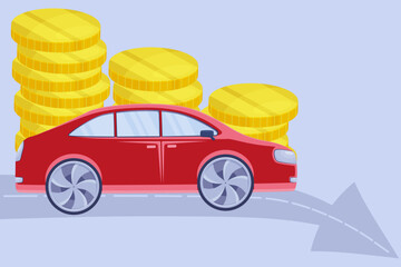 Illustration of a car side view and a lot of coins, the concept of lowering the price of cars, lowering the price when selling or buying a car, vector