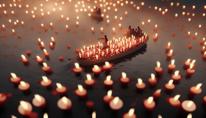 Drone view of humans at boat and floating candles, Generative AI