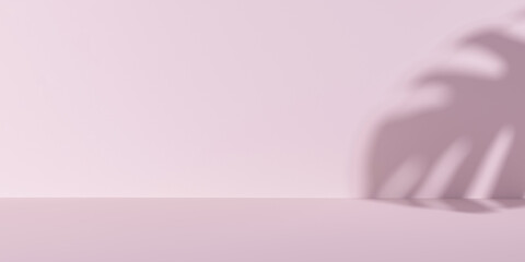 Panoramic of Minimalist studio with natural light on pink background for product display. Empty podium platform