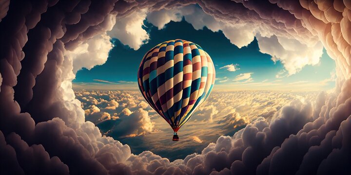 Hot Air balloon in between the clouds on a sunny day, close-up. Hot air balloon in the clouds, fabulous picture. In cartoon style. Generative AI
