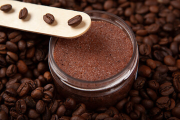 image of sugar scrub wooden stick coffee beans background  