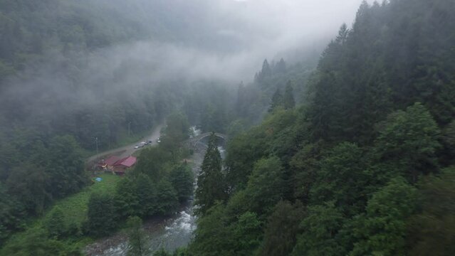 View of Historical Stone bridge, Senyuva bridge in Rize. 4K Footage in Turkey