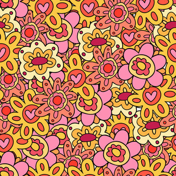 Colorful cartoon retro floral pattern of 60s and 70s style  Vibrant retro vibe hippie flowers seamless pattern