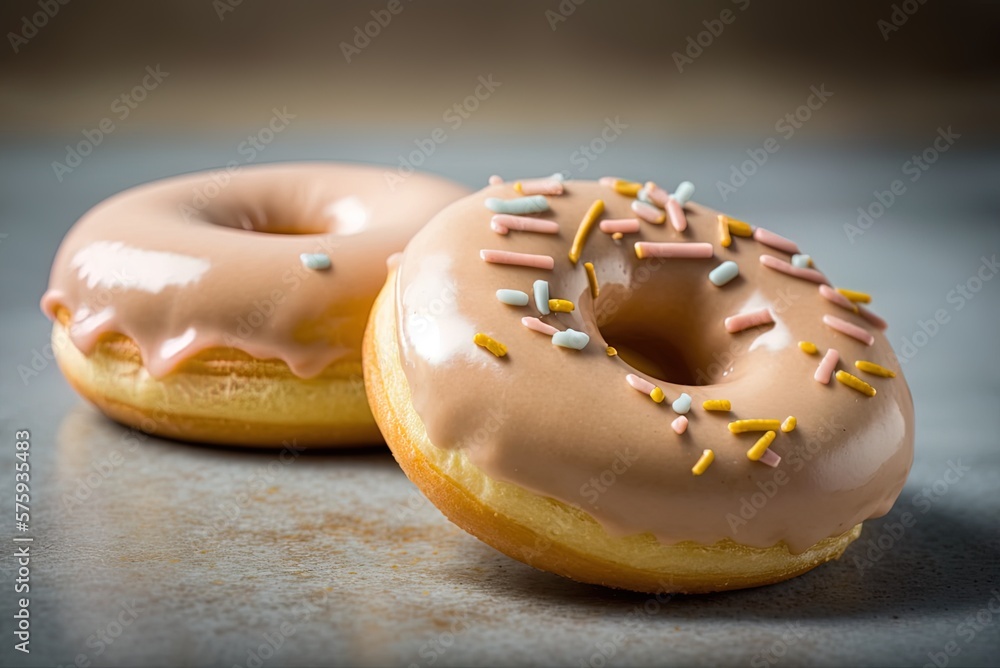 Poster two doughnuts resting on a flat table in close-up. generative ai