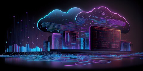 Cloud computing technology concept. Cyber security. Smart city and digital cloud data center. Futuristic big data processing cloud. Cloud technology management big data. Generative AI