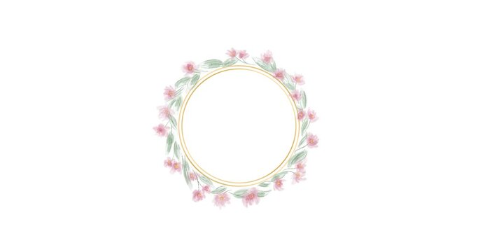 Spring logo round frame with blossom flowers of sakura. Footage for circle logo frame with tender flowers and leaves. Logo animation with watercolor rose flowers and leaves in 4K