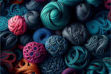 colorful wool thread balls, generative ai