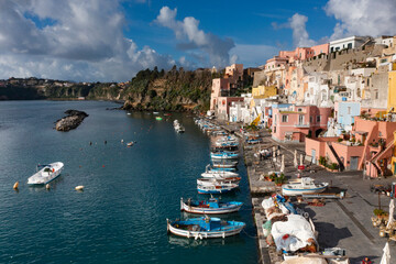 Fototapeta na wymiar Aerial view of colourful fishermen's houses, on Procida Island, Bay of Naples, Italy.