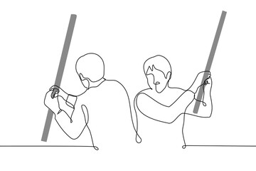 men standing opposite each other waving long thick sticks - one line drawing vector. concept conflict, fight