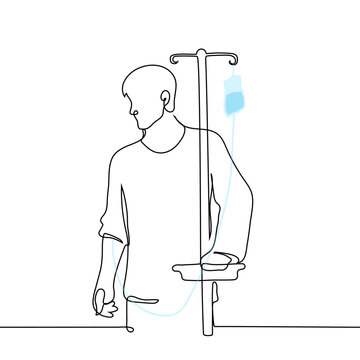 recommend clip art: man in a hospital pajamas is standing or walking with a drip - one line drawing vector. concept patient under drip