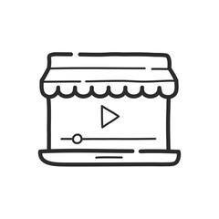 Video advertising online store on laptop screen. Ads icon. Hand drawing design style. Vector.