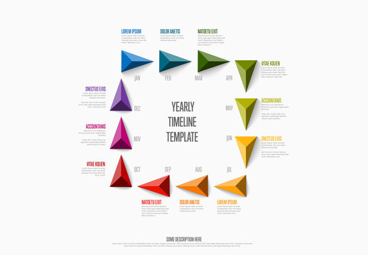 Full year timeline template with 12 month and rainbow triangle arrows