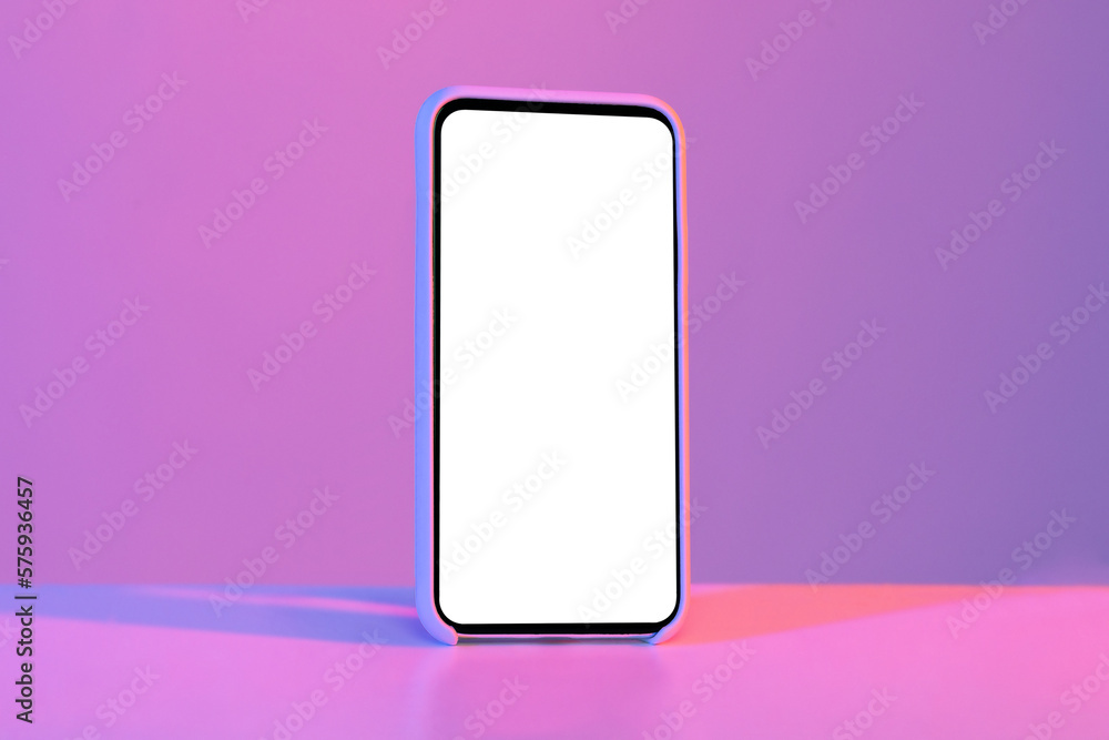 Poster cell phone with empty white screen, isolated on neon background