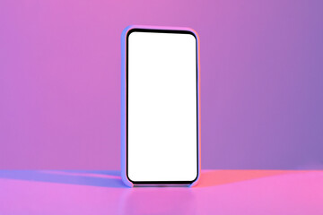 Cell phone with empty white screen, isolated on neon background