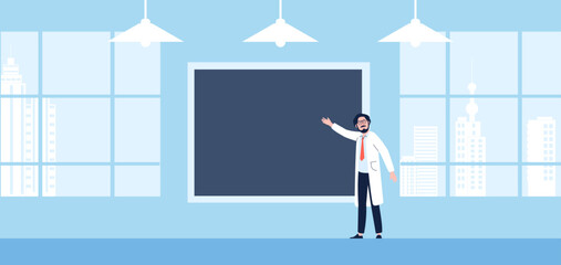Doctor in classroom at empty chalkboard. Medical college university or school lecturer, teacher working. Education, medicine vector scene