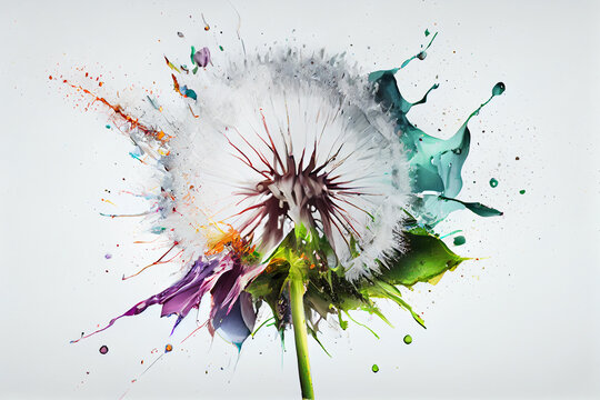 Beautiful photo dandelion splashed in bright paint, contemporary  background. Generative AI technology.