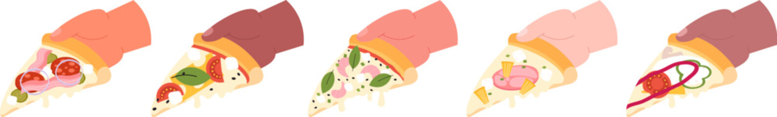 Hand holding pizza slices with various toppings. Diverse people eating pizza margherita, with fresh seafood and tomato sauce. Italian fast food vector set