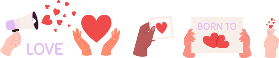 Love and romantic elements. Hand holding red heart, card with hearts. Valentines day flat cartoon symbols, human confesses feelings vector set