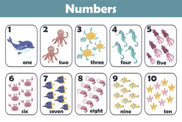 Number math cards with sea animals for kids