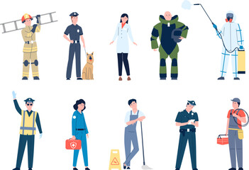 Fototapeta na wymiar Emergency characters team. Doctors and ambulance workers, policeman with dog, rescue and firemen in uniform. Professionals recent vector set