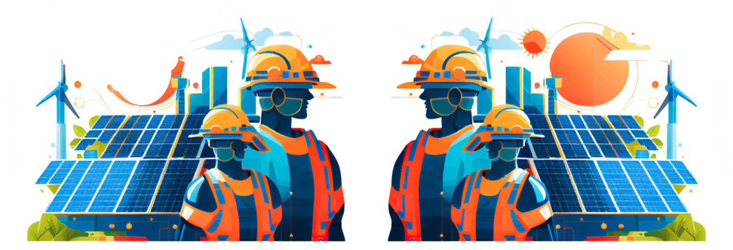 Architect and engineer renewable energy wearing helmet with solar cell plant and windmills, solar energy, power plant, Renewable energy friendly management systems concept, Generative AI technology