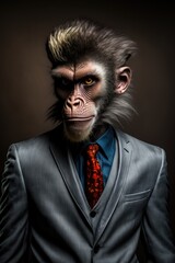 A portrait of an anthropomorphic ape or monkey in a business suit (generative ai)