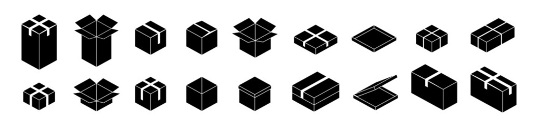 Carton box icon. Square box. Silhouette box set.