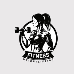 Fitness club logo or emblem with woman silhouette. Woman holds dumbbells. Vector illustration