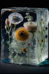a block of ice with flowers and plants inside