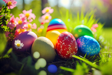 Fototapeta na wymiar Colorful decorated easter eggs in fresh green grass, sunny garden, meadow, morning light, generative ai