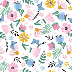 Fototapeta na wymiar Cute, bright background with cute flowers and butterfly. Seamless flowers pattern