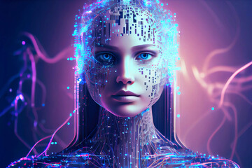 Portrait of female bionic cyborg robot woman as Artificial Intelligence concept. Generative AI
