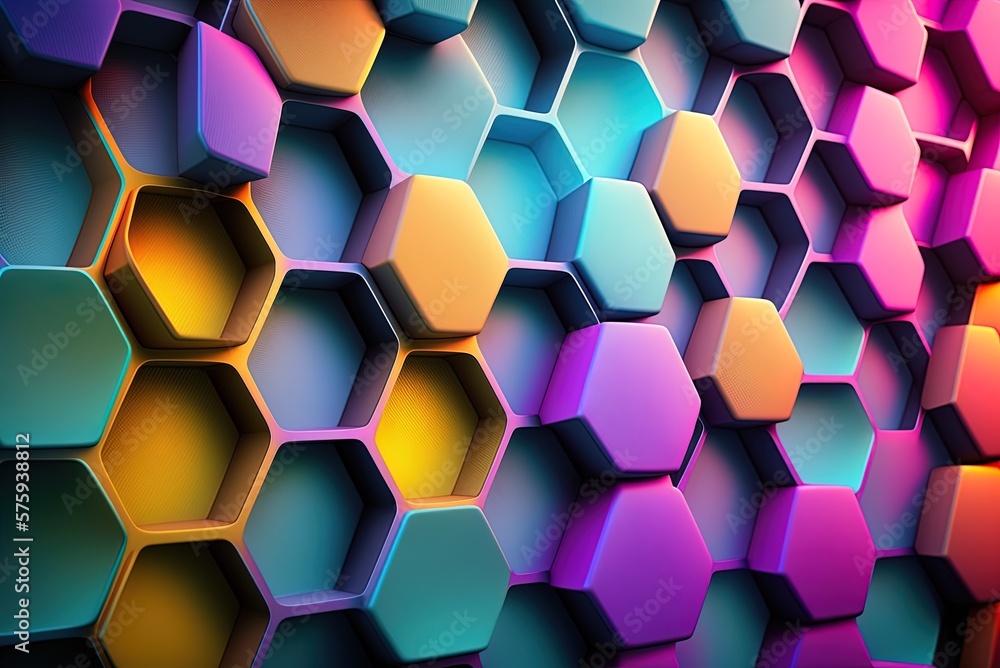 Poster depiction of an abstract pattern consisting of coloured honeycomb panels arranged in a hexagonal pat