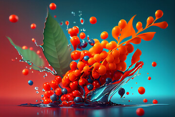 Beautiful photo rowanberry splashed in bright paint, contemporary  background. Generative AI technology.