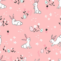 Cute hand drawn Easter seamless pattern with bunnies, flowers, easter eggs, beautiful background, great for Easter Cards, banner, textiles, wallpapers - vector design