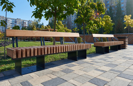 Wooden benches in the public park