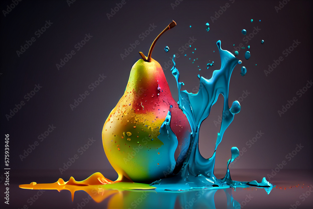Poster beautiful photo pear splashed in bright paint, contemporary background. generative ai technology.