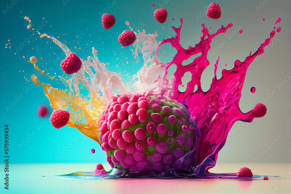 Poster beautiful photo raspberry splashed in bright paint, contemporary background. generative ai technolog