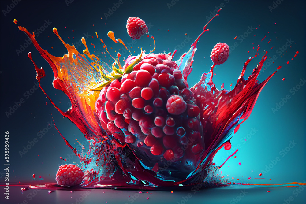 Poster beautiful photo raspberry splashed in bright paint, contemporary background. generative ai technolog