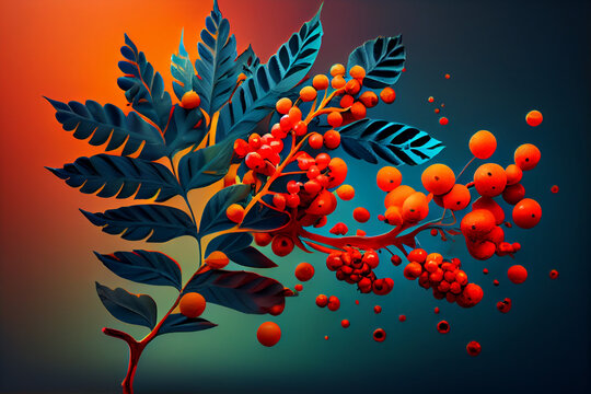 Beautiful photo rowanberry splashed in bright paint, contemporary  background. Generative AI technology.